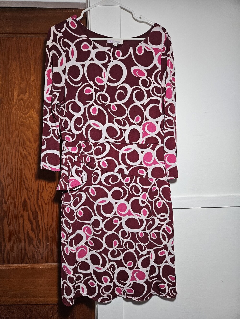 Trinknology Maroon Pink White Swirl Long Sleeve Midi Dress Size 14 EUC